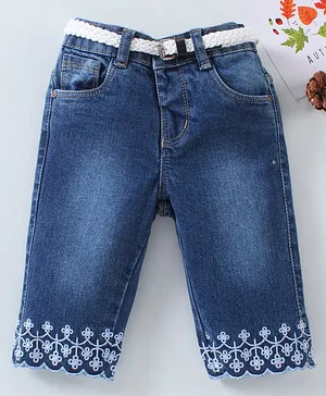 Babyhug Knee Length Embroidered Denim Capri & Braided Belt - Blue