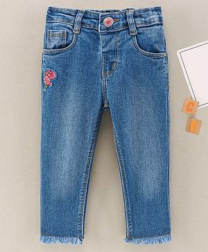 Babyhug Full Length  Washed Denim Jeans  Rose Embroidered - Blue