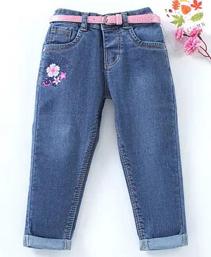 Babyhug Full Length Embroidered Denim Jeans & Belt - Blue