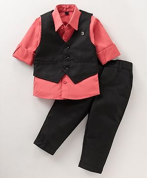 Noddy Full Sleeves Solid Shirt With Waistcoat & Pant - Black & Peach