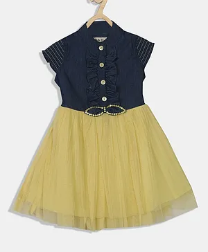 Bella Moda Cap Sleeves Frill Detail Sequins Embellished Dress - Lemon Yellow