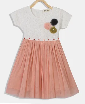 Bella Moda Cap Sleeves Lace & Pearl Embellished Yoke Frill Mesh Dress With Flower Applique - Peach