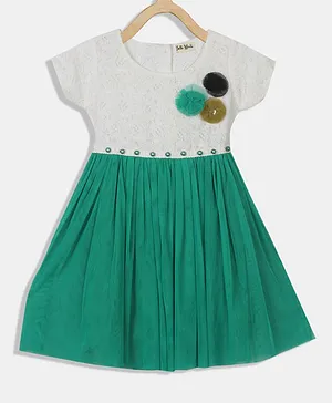 Bella Moda Cap Sleeves Lace & Pearl Embellished Yoke Frill Mesh Dress With Flower Applique - Sea Green