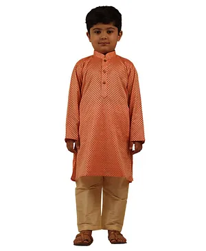 Pehanaava Full Sleeves All Over Self Design Kurta With Pajama - Orange