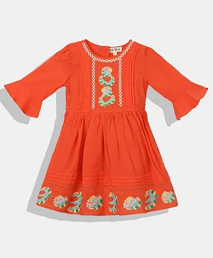 Bella Moda Three Fourth Bell Sleeves Floral Placement Embroidered Pleated Dress - Orange