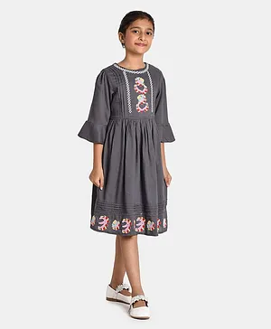 Bella Moda Three Fourth Bell Sleeves Abstract Placement Embroidered Dress - Grey