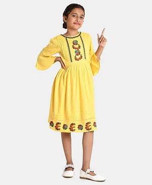 Bella Moda Three Fourth Bell Sleeves Placement Embroidered Fit & Flared Dress - Yellow
