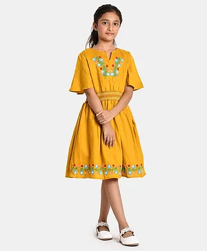 Bella Moda Flared Half Sleeves Floral Placement Embroidered Fit & Flared Dress - Yellow