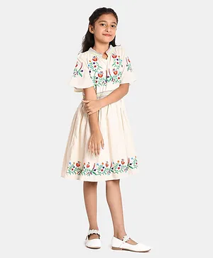 Bella Moda Flared Half Sleeves Placement Floral Embroidered Smock Detailed Fit & Flare Dress - Off White