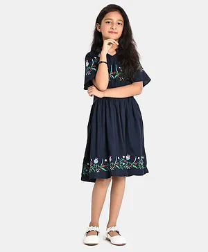 Bella Moda Flared Half Sleeves Placement Floral Embroidered Smock Detailed Fit & Flare Dress - Navy Blue
