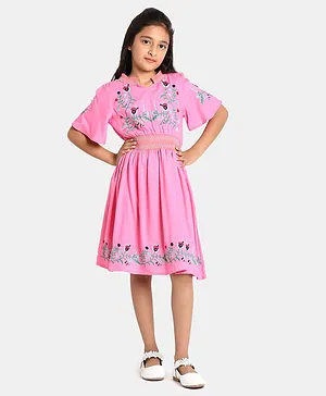 Bella Moda Flared Half Sleeves Placement Floral Embroidered Smock Detailed Fit & Flare Dress - Pink
