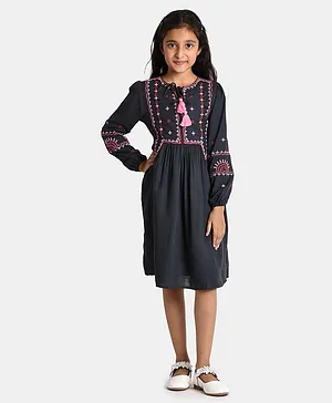 Bella Moda Full Puffed Sleeves Geometric Embroidered Fit & Flair Gathered Dress - Grey