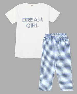 RAINE AND JAINE Half Sleeves Dream Girl Placement Printed & Checkered Night Suit - White & Blue