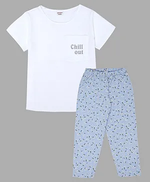 RAINE AND JAINE Half Sleeves Chill Out & Floral Printed Night Suit - White & Blue