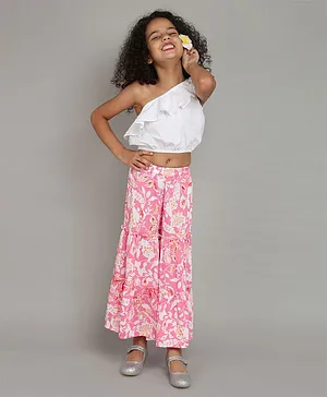 Taffy Solid One Shoulder Ruffle Crop Top With Floral Print Flared Pant - White Pink