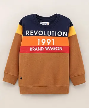 Noddy Full Sleeves Revolution 1991 Brand Wagon Text Placement Printed Colour Block Tee - Brown