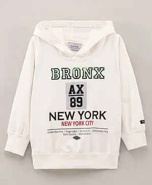 Noddy Full Sleeves Bronx New York Printed Hooded Tee - White