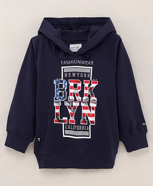 Noddy Full Sleeves New York & California Text Placement Printed Hooded Tee - Navy Blue