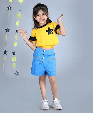 Beyabella Half Ruffle Sleeves Star Patch Top & Buttons Embellished Shorts Set - Yellow & Blue