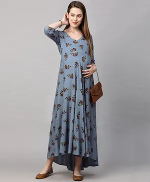 MomToBe Three Fourth Sleeves Floral Printed Flared Maternity Dress - Purple