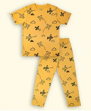 Lil 'Roos Half Sleeves Aeroplanes Printed Coordinated Night Suit - Ochre Yellow