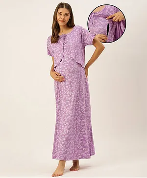 Nejo Half Sleeves Seamless Floral Printed Layered Maternity Night Dress - Purple