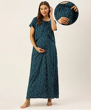 Nejo Half Sleeves Seamless Motif Printed Layered Maternity Night Dress - Green