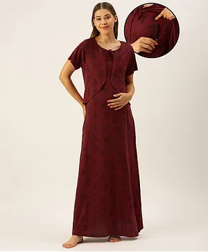 Nejo Half Sleeves All Over Floral Printed Layered Maternity Night Dress - Maroon