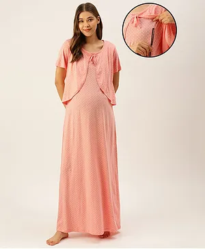 Nejo Half Sleeves Polka Dot Printed Layered Maternity Night Dress - Peach