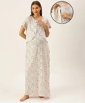 Nejo Half Sleeves Seamless Flower & Leaf Printed Layered Maternity Night Dress - White