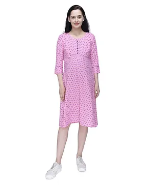 Mothersyard Three Fourth Sleeves Feather Print A Line Maternity And Nursing Dress - Pink