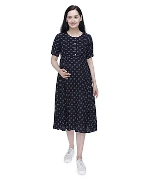 Mothersyard Half Sleeves Motif Print A Line Maternity And Nursing Dress - Black