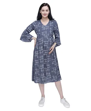 Mothersyard Three Fourth Sleeves Abstract Lines Print A Line Maternity And Nursing Dress - Grey