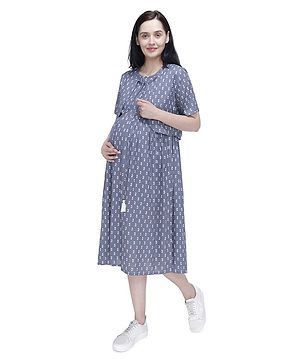 Mothersyard Half Sleeves Flower Motif Print A Line Maternity And Nursing Dress With Jacket - Grey