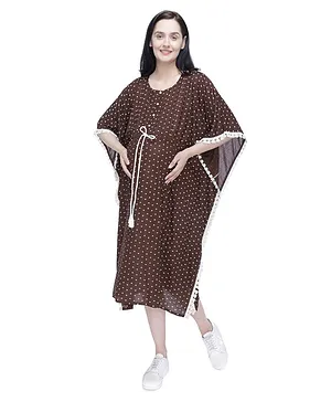 Mothersyard Three Fourth Sleeves Polka Print Kaftan Style Maternity And Nursing Dress - Brown