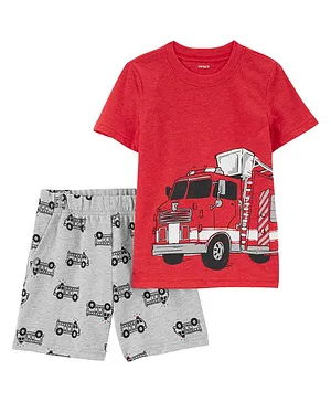 Carter's 2 Piece Firetruck Snow Yarn Tee & Short Set - Red