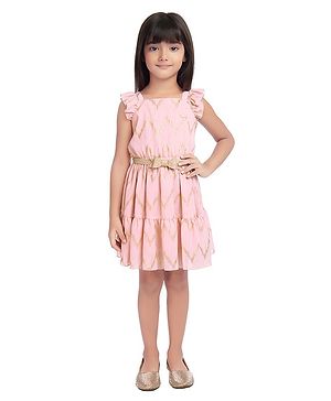 TINY BABY Cap Sleeves Chevron Style Glitter Finish Fit & Flare Dress - Peach