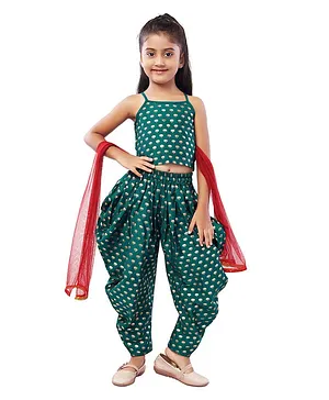 Mini Chic Sleeveless Lotus Motif Foil Print Top & Dhoti Pants With Tulle Dupatta - Teal & Maroon