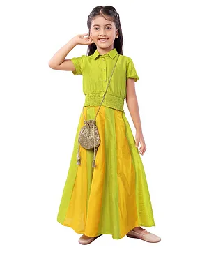 Mini Chic Half Sleeves Shirt Style Top With Flared Skirt - Green & Yellow