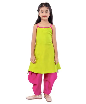 Mini Chic Sleeveless A Line Solid Kurti With Salwar - Green Pink