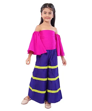 Mini Chic Full Sleeves Off Shoulder Crepe Silk Top With Flared Palazzo - Pink Blue