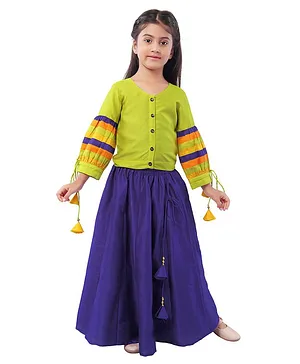 Mini Chic Full Puffed Sleeves Crepe Silk Top With Latkan Skirt - Green Purple