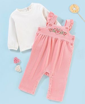 Babyhug 100% Cotton Dungaree With Full Sleeves T-Shirt Floral Embroidery - White & Pink