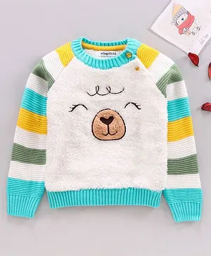 Wingsfield Full Sleeves Striped And Bear Detail Sweater - White Blue