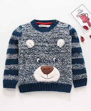 Wingsfield Full Sleeves Striped And Bear Face Detail Sweater - Blue