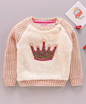 Wingsfield Raglan Full Sleeves Glitter Finish Crown Placement Embellished Sweater - Peach