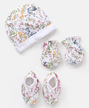 Bonfino Cotton Cap Mittens & Booties Set Floral Print Ivory - Diameter 11 cm