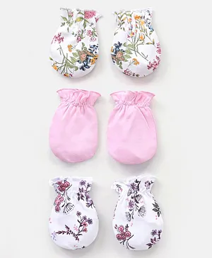 Bonfino Cotton Mittens Set Floral Print & Solid Pack of 3 - Ivory Pink