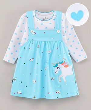 Child World Cotton Frock With Full Sleeves Inner Tee Heart Print & Unicorn Embroidery- Blue