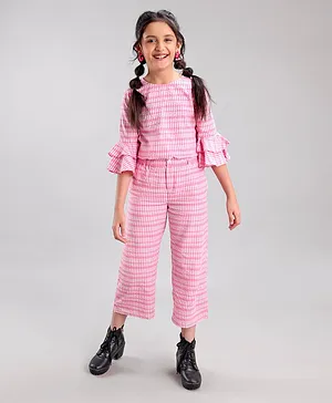 Pine Kids 100% Cotton Three Fourth Bell Sleeves Checked Woven Top With Pajama Set- Pink
